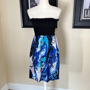 Strapless Black & Blue Patterned Dress